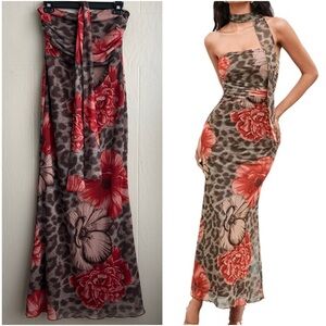 Leopard Print Strapless Bodycon Maxi Dress Mesh Long Tube Top Dress
